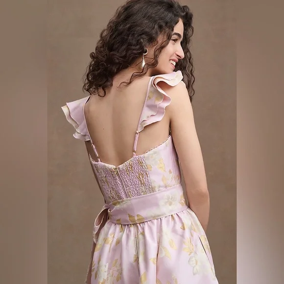 V. Chapman Vera Ruffle-Strap Corset Side-Slit Midi Dress Anthropologie